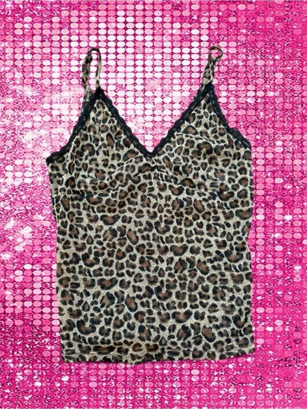 Pins and Needles Leopard Print Sheer Mesh Cami Top Size XS Lace Trim